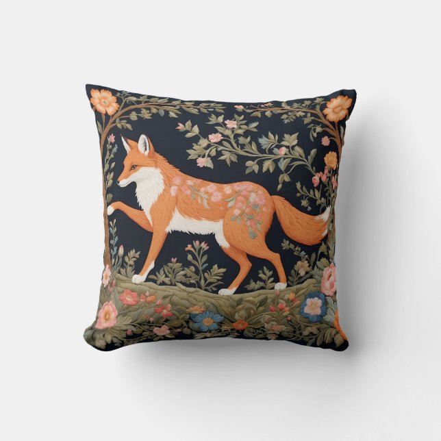 Nyfiken Fox Faux Embroidery Elegant Blommigt Kudde (Framsida)