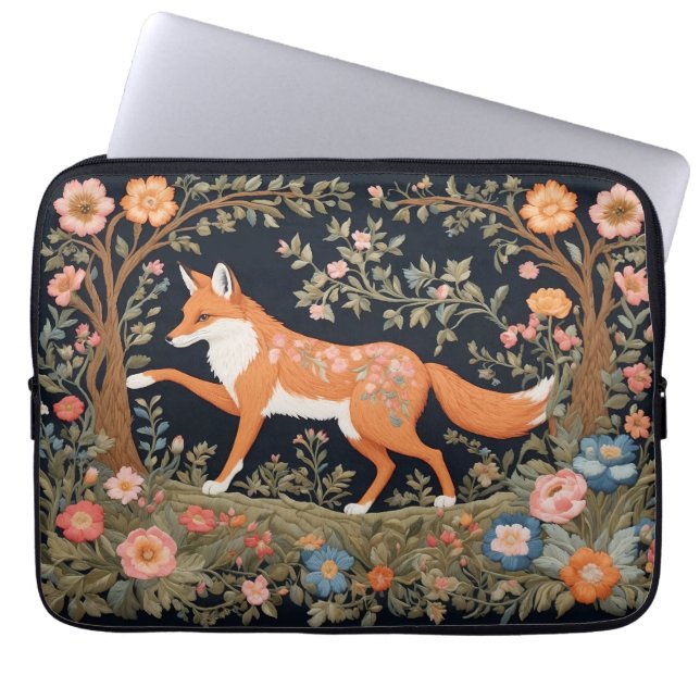 Nyfiken Fox Faux Embroidery Elegant Blommigt Laptop Fodral (Framsidan)