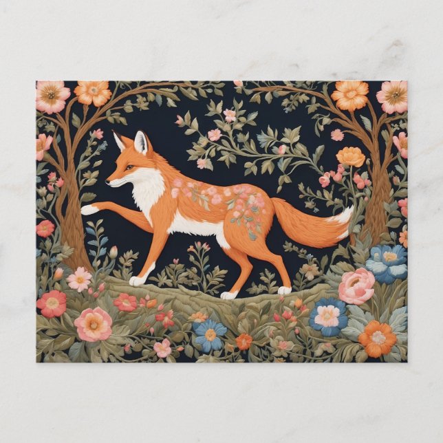 Nyfiken Fox Faux Embroidery Elegant Blommigt Vykort (Framsida)