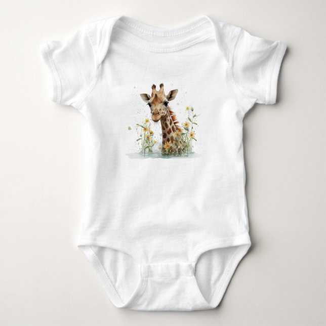 Nyfiken Giraffe Head med Flowers T Shirt (Framsida)