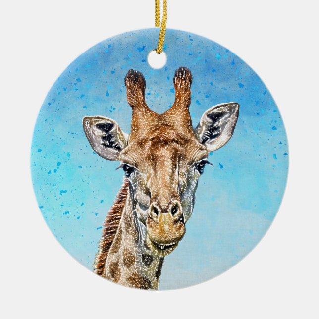 Nyfiken giraffe med blå konfetti Himmel Julgransprydnad Keramik (Framsidan)
