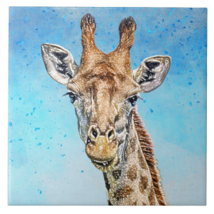 Nyfiken giraffe med blå konfetti Himmel Kakelplatta