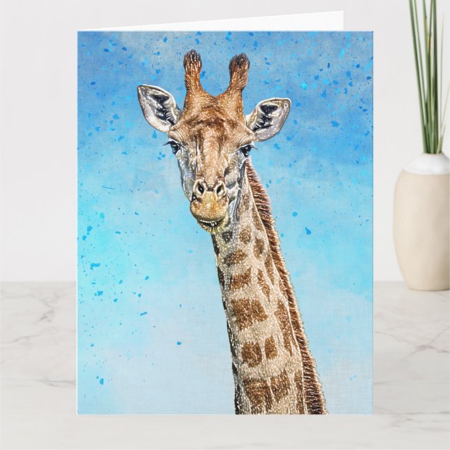 Nyfiken giraffe med blå konfetti Himmel Kort (Framsida)