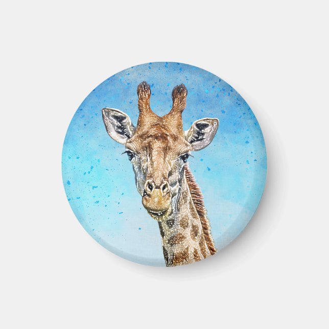 Nyfiken giraffe med blå konfetti Himmel Magnet (Framsidan)