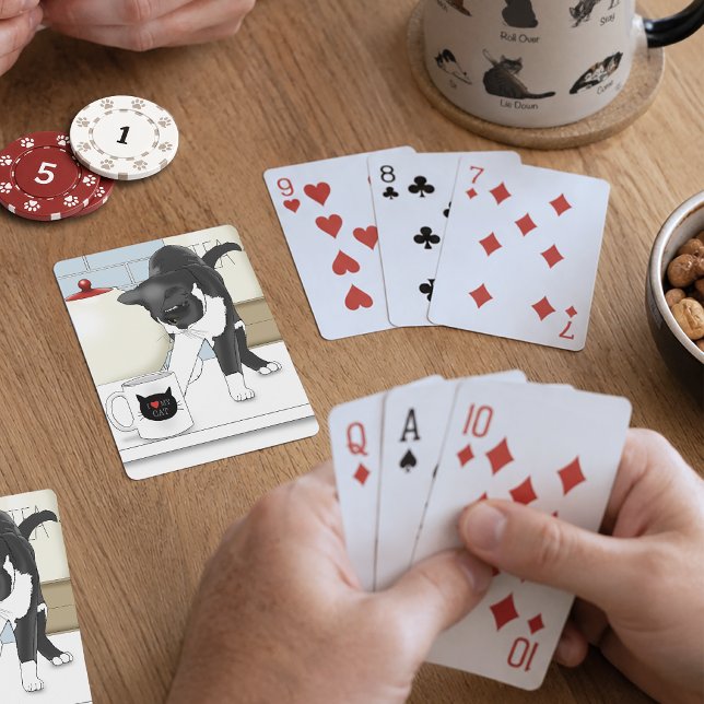 Nyfiken Grå Vit Katt Rolig Tekopp Kök Casinokort (Skapare uppladdad)