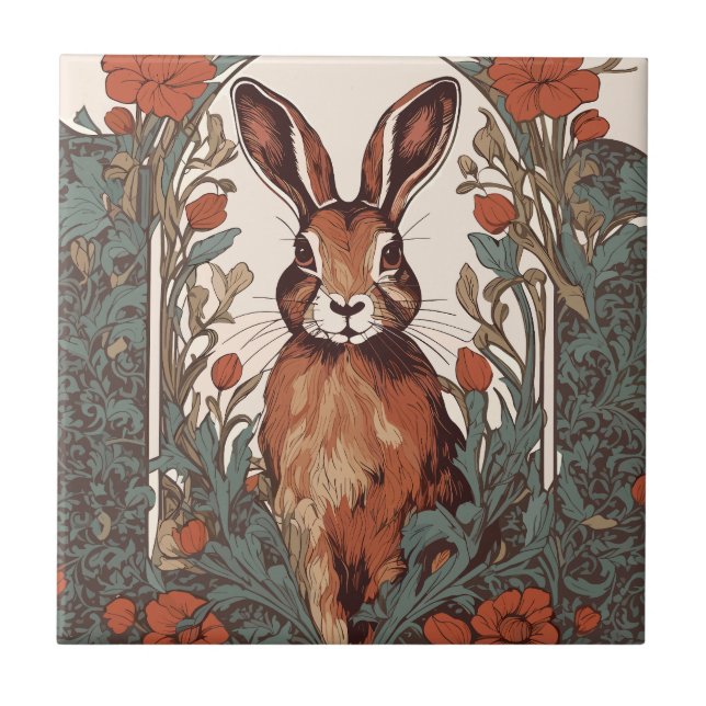 Nyfiken Hare William Morris Inspired Blommigt Kakelplatta (Framsidan)