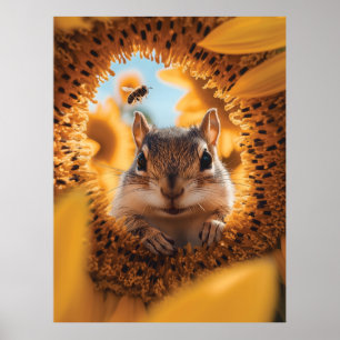 Nyfiken jordekorre som tittar genom uppäten solros poster