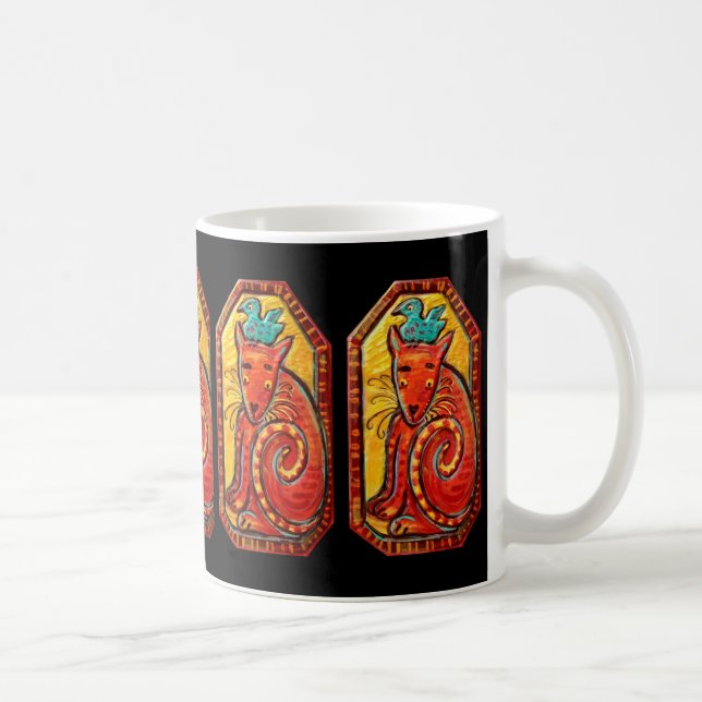 Nyfiken katt för Folk konst med blåttfågeln Kaffemugg (Höger)