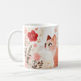 Nyfiken katt i en rosengård.  kaffemugg