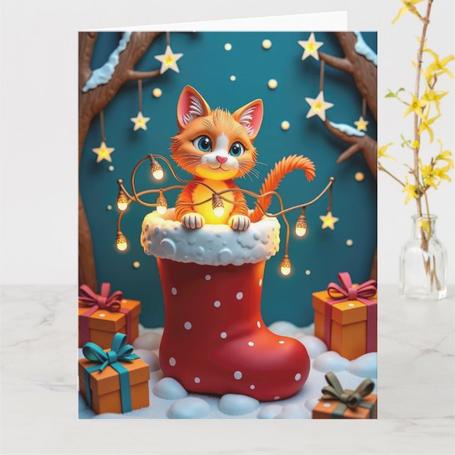 Nyfiken katt i julstrumpa Papperskonst Kort (Gul blomma)