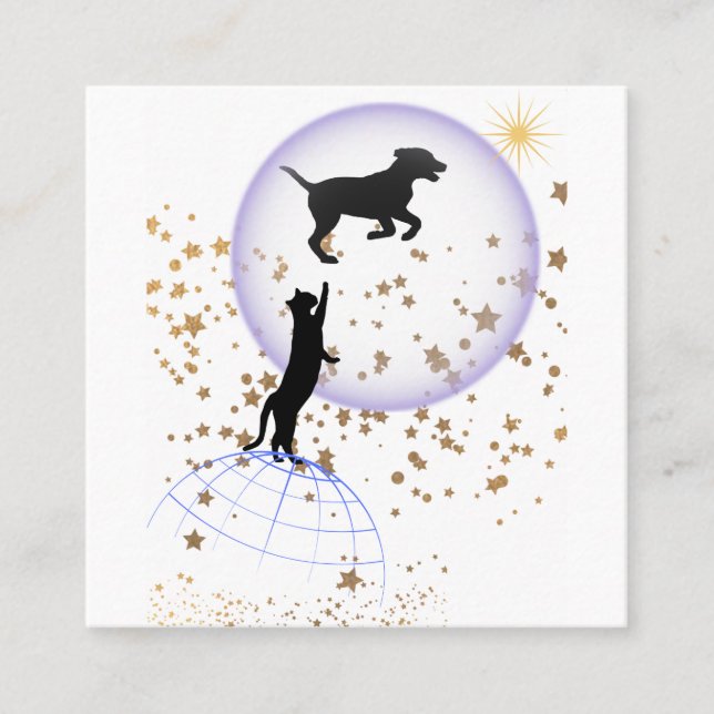 Nyfiken katt och löpande hund fyrkantigt visitkort (Framsida)