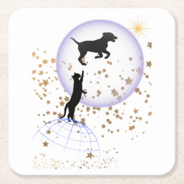 Nyfiken katt och löpande hund underlägg papper kvadrat