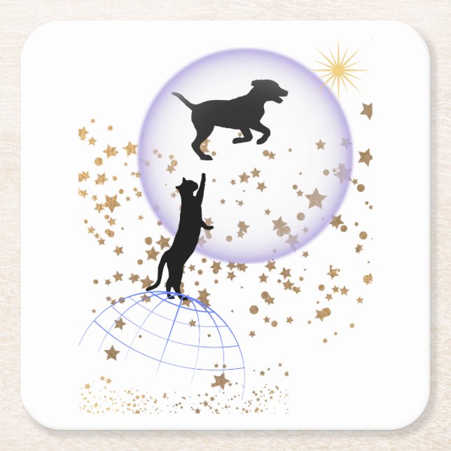 Nyfiken katt och löpande hund underlägg papper kvadrat (Framsidan)