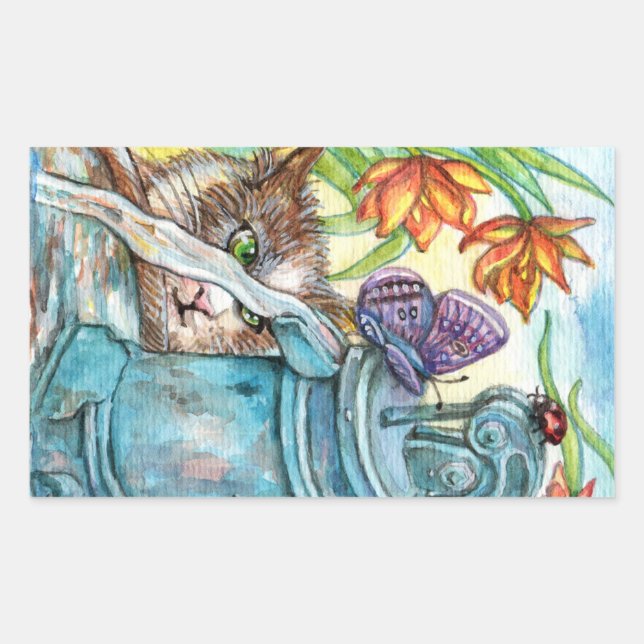 Nyfiken katt rektangulärt klistermärke (Framsida)