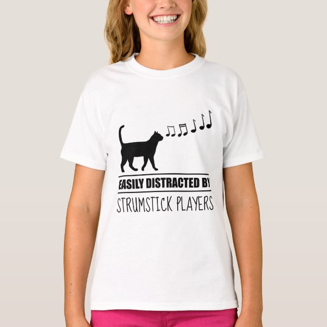 Nyfiken katt uppdelad av strängspelare t shirt (Framsida)