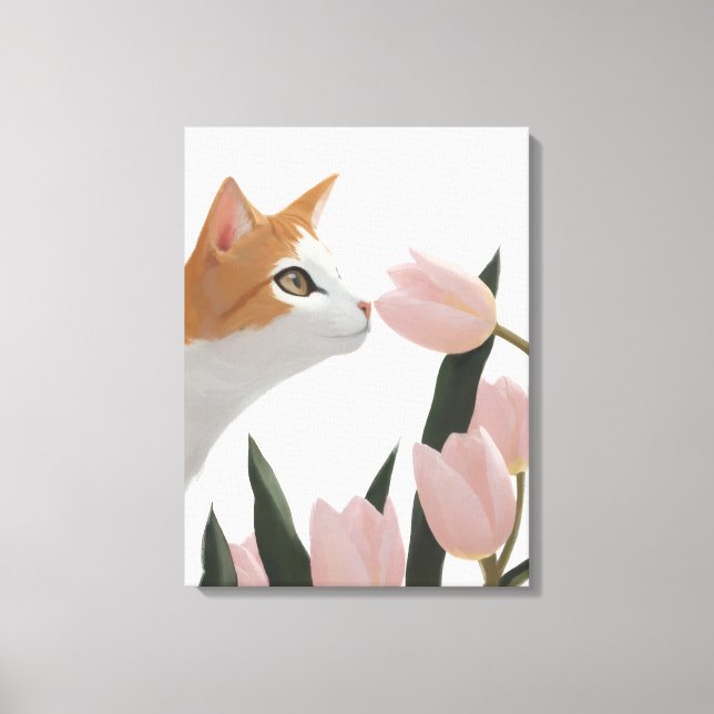 Nyfiken katt vårblomma canvastryck (Framsida)