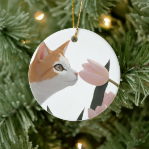 Nyfiken katt vårblomma julgransprydnad keramik
