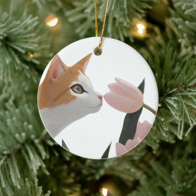 Nyfiken katt vårblomma julgransprydnad keramik (Träd)