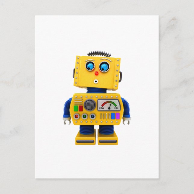 Nyfiken leksak-robot tittar vykort (Framsida)