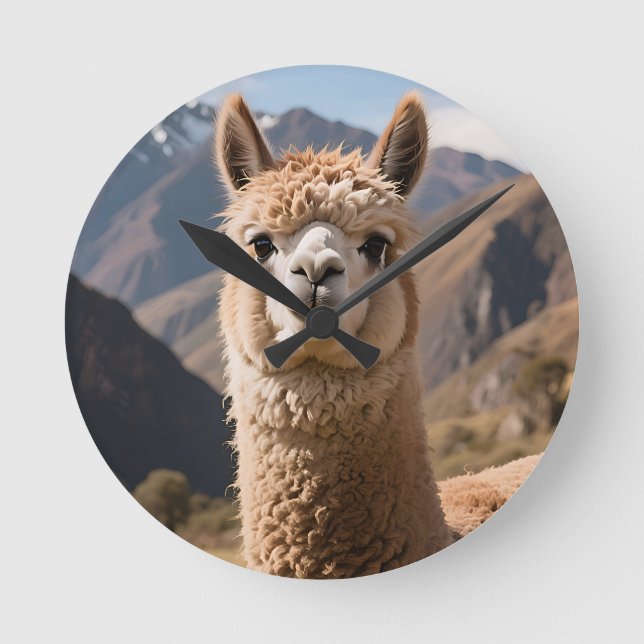 Nyfiken Llama Bergsporträtt Rund Klocka (Framsida)