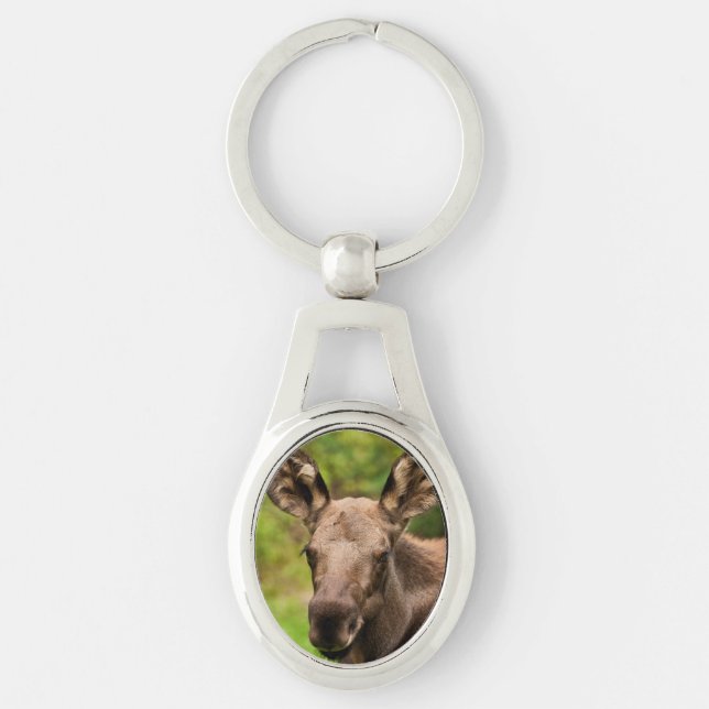 Nyfiken Moose Ovalt Silverfärgad Nyckelring (Framsidan)