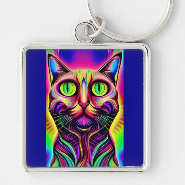 nyfiken nyckelkedja för katt fyrkantig silverfärgad nyckelring (Framsidan)