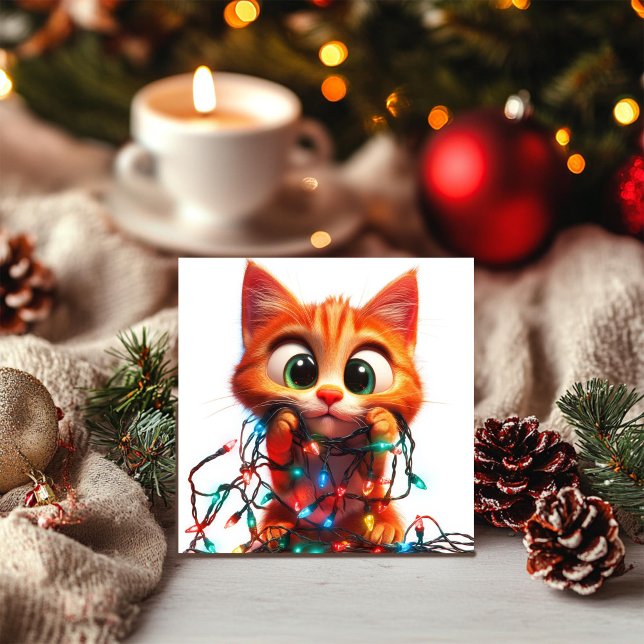 Nyfiken Orange Kitten med Festive Ljus Julkort (Skapare uppladdad)