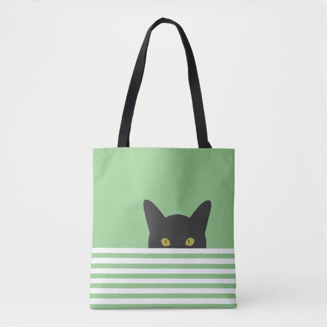 Nyfiken Peeking Black Cat Grönt Rand Tygkasse (Framsida)