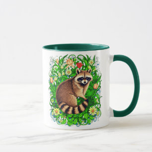 Nyfiken Raccoon i en färglös Blomsterträdgård Mugg