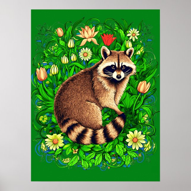 Nyfiken Raccoon i en färglös Blomsterträdgård Poster (Framsidan)