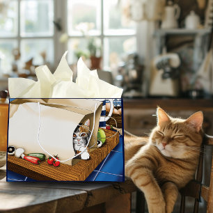 Nyfiken randig katt matkasse blå söt