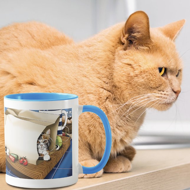 Nyfiken randig katt matkasse blå söt      mugg (Skapare uppladdad)
