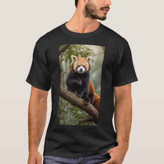 Nyfiken rödpanda sitta vid träd gren t shirt