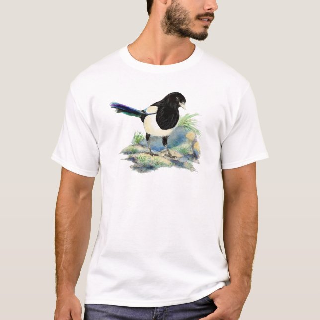 Nyfiken Roligt för vattenfärg Magpie Bird Art T Shirt (Framsida)