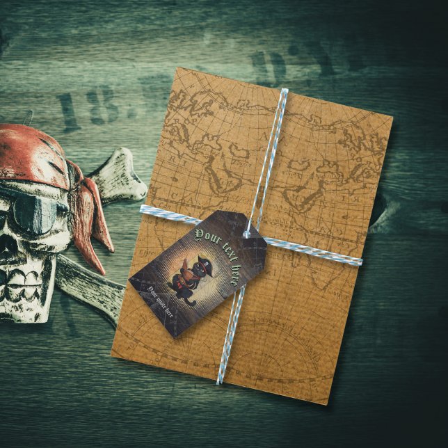 Nyfiken sjörövar katt dechiffrerar urgamla mysteri presentetikett (Curious pirate cat deciphers ancient mysteries gift tags)