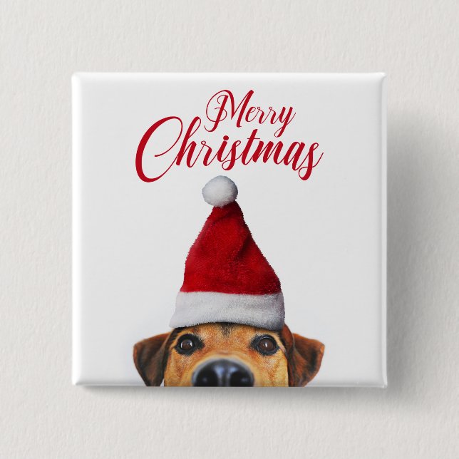 Nyfiken söt rolig hund med tomtehatt knapp (Framsida)