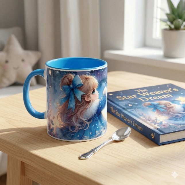 Nyfiken Stjärnskådande Flicka i Vattenfärg Mugg (Whimsical Star Gazer Girl Watercolor Mug)