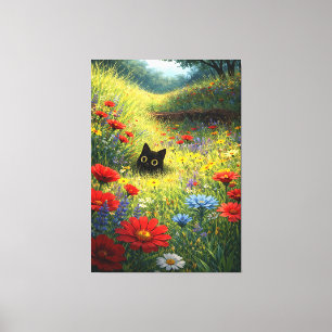 Nyfiken svart katt i en äng med vilda blommor canvastryck