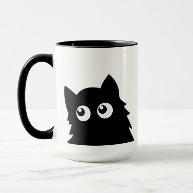 Nyfiken svart katt Söt minimalistisk kattdesign Mugg (Vänster)