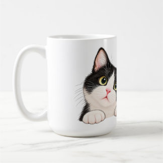 Nyfiken svart-vit smokingkatt kastkudde kaffemugg