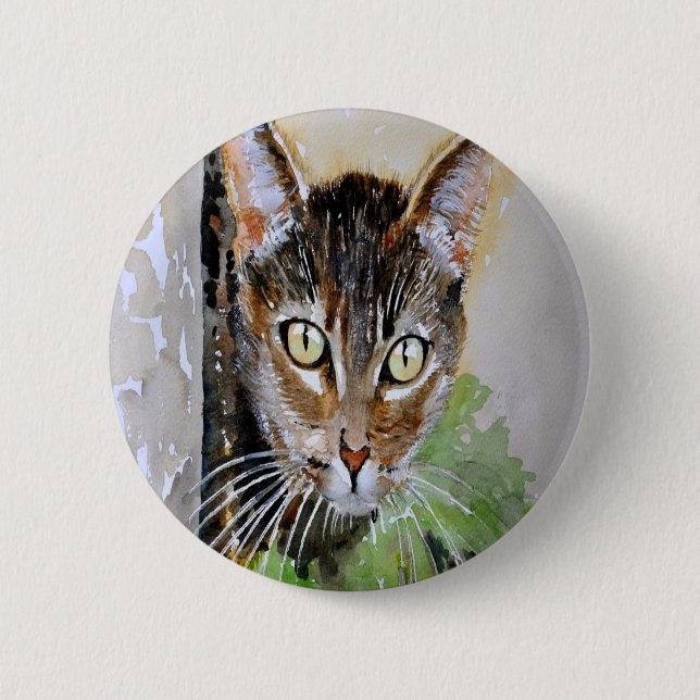 Nyfiken Tabby katt-akrylmålning Knapp (Framsida)