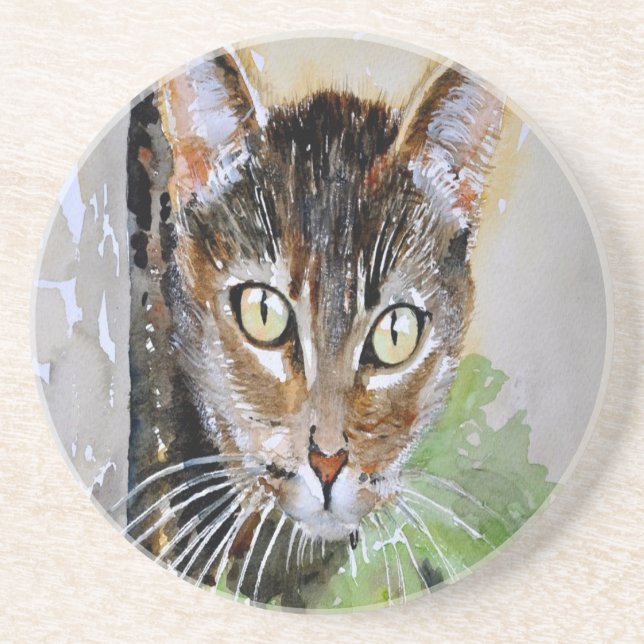 Nyfiken Tabby katt-akrylmålning Underlägg Sandsten (Framsidan)