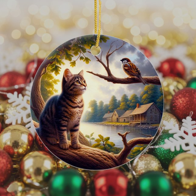 Nyfiken Tabby Katt Minnessak Julgransprydnad Keramik (Skapare uppladdad)