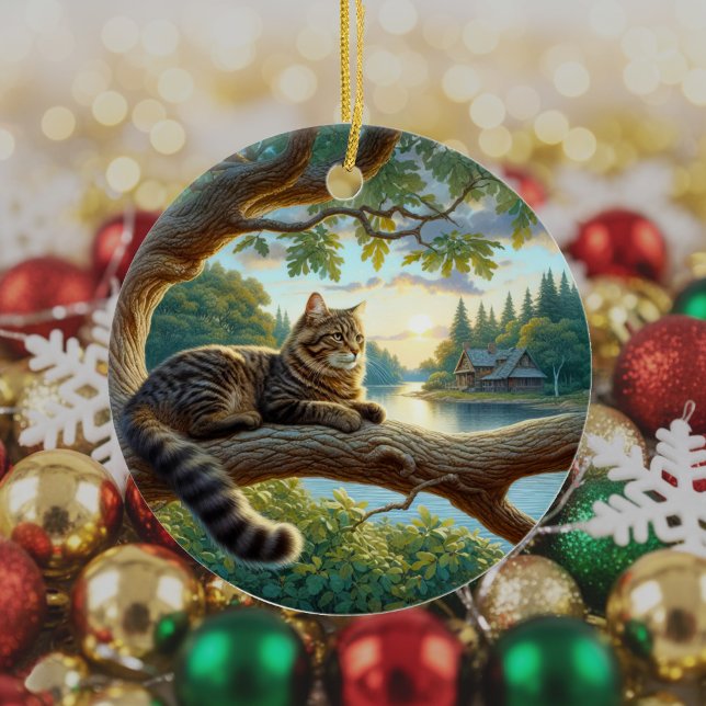 Nyfiken Tabby Katt Souvenir Julgransprydnad Keramik (Skapare uppladdad)