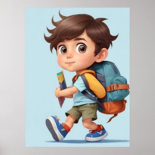Nyfiken Tecknad Boy Learning Äventyr AI Art Poster