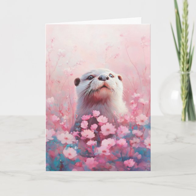 Nyfiken utter i ett hav av mjuka blomblad kort (Framsida)