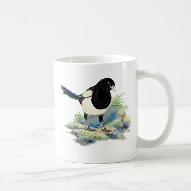 Nyfiken vattenfärg Magpie Bird Art Kaffemugg (Höger)