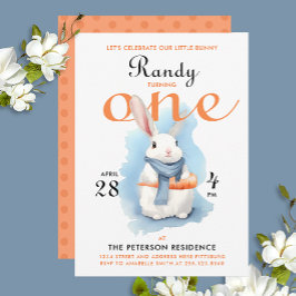 Nyfiken vit Bunny Cute Första födelsedag Vattenfär Inbjudningar