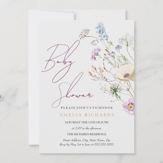 Nyfiken Wildblomsterbabystölder Inbjudningar (Framsida)