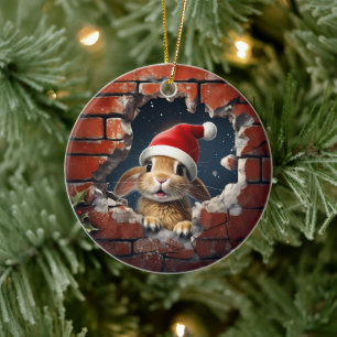 Nyfikna Bunny i Santa Hat - 3D Julgransprydnad Keramik